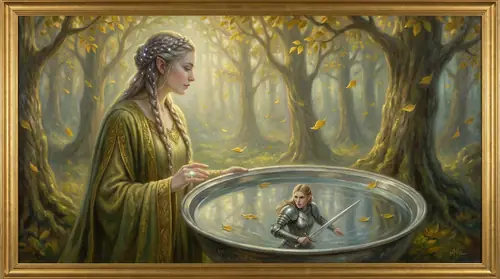 Galadriel in Lothlorien as she appears in the Third Age, standing at the Mirror of Galadriel, her reflection in the water showing a younger, armoured version of herself from the Elder Days. The…