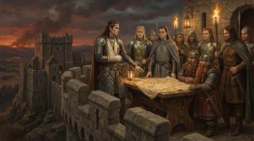 Maedhros standing atop the walls of Himring, his fortress on the cold hill, surveying a strategic map spread before him as representatives of every free people gather -- Noldorin lords in bright…
