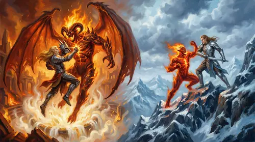 A comparison composition -- on the left, Ecthelion grappling Gothmog, Lord of ALL Balrogs, driving his helmet spike into the greatest of Morgoth\'s fire-spirits as they plunge into the fountain; on…