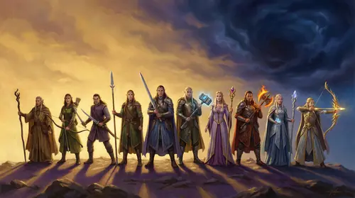 A final gathering of all ten warriors standing together in a line against a darkening sky, each holding their signature weapon, arranged from Legolas on the far left to Fingolfin on the far right…