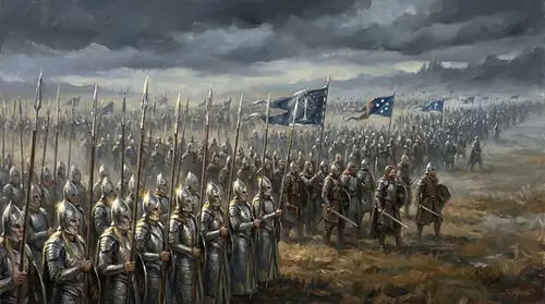 The vast armies of the Last Alliance arrayed on Dagorlad - ranks of Elven spearmen with silver armor catching the light, human warriors with the standards of Gondor and Arnor, all stretching to the…