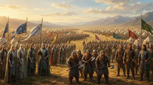 The armies of the Union of Maedhros assembled - thousands upon thousands of warriors, Elven spearmen with bright banners, Human warriors in mail, Dwarven companies with their axes, all arrayed on the…