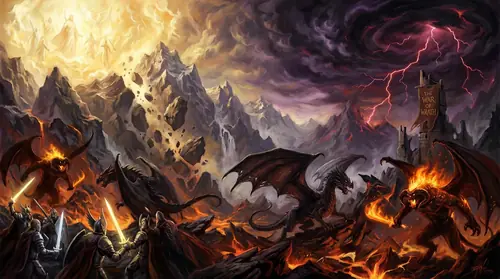 The War of Wrath at its height - armies clashing across a scarred and burning landscape, mountains crumbling in the background, the sky itself torn between the light of the Valar\'s host and the…