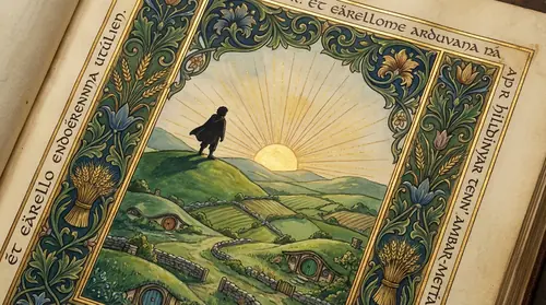 A quiet image of dawn breaking over the Shire\'s rolling hills, peaceful and green, with a single figure standing on a hilltop silhouetted against the rising sun - representing the world that all…
