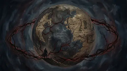 A cosmological diagram-style image: the spherical world of Arda rendered like a great dark planet hung in the void, and around and through it threading veins of black, glowing faintly red, like a…