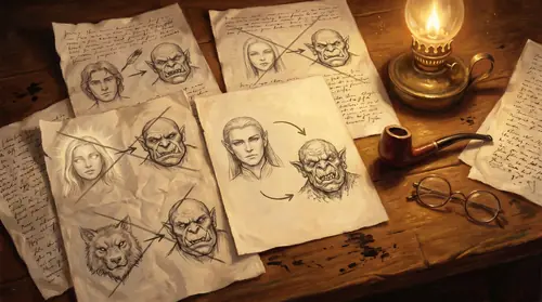A desk-of-the-author still life: an aged, ink-stained study table strewn with handwritten manuscript pages, several open to crossed-out diagrams showing alternative orc-origin theories — sketches of…