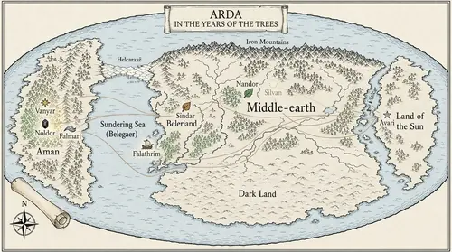 A grand summary map across the whole world in the Years of the Trees: Aman in the far west, labeled with three small symbols for VANYAR, NOLDOR, FALMARI; the Sundering Seas between; Beleriand in…
