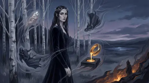 Composite vision: in the center, Arwen Undomiel rendered as the last flower of the line — dark-haired, grey-eyed, crowned with a circlet of mithril stars, standing at twilight among white trees…