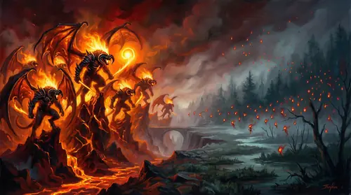 Split image: seven immensely powerful Balrogs burning like suns versus thousands of dim flame-sprites. Seven represents a staggering concentration of Morgoth\'s authority. Swarms represent broad…