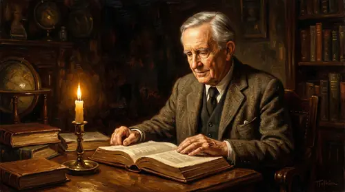 An older Tolkien in his study, Augustine\'s City of God and Aquinas open before him. By the late 1950s, he understood darkness differently. His legendarium had become \'a fundamentally religious and…