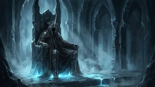The Witch-king on a black throne in Angmar\'s dark fortress, studying a map of the divided kingdoms, his crown visible but face shrouded in shadow, calculating and patient