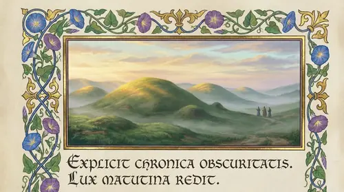 The Barrow-downs at dawn, mist lifting from the ancient mounds, peaceful and silent, one barrow opened with treasures scattered on grass catching morning light, symbolic of curse broken and evil ended