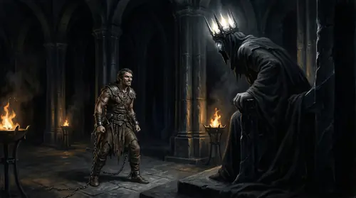 Hurin dragged in chains before the throne of Morgoth deep within Angband. The Dark Lord sits massive and terrible on his iron throne, the Silmarils burning on his iron crown, his shadowed face…