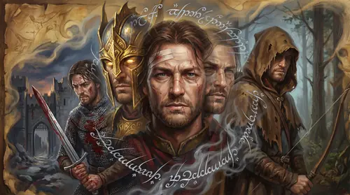 A sequence of Turin\'s identities overlaid in a single composition -- the Dragon-helm of Hador gleaming gold, a bloodstained warrior announcing himself at Nargothrond\'s gates, names written in Tengwar…