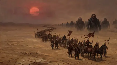 A host of Easterling Men marching in column across a dry plain beneath a blood-red sun — Wainriders, Balchoth, ragged banners, chariots and spears. Out from behind the horizon, at the tail of the…