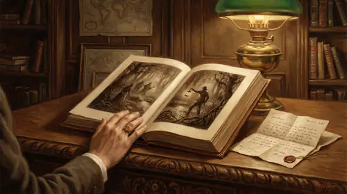 A Victorian-era book spread open to reveal an illustration from William Morris\'s The Roots of the Mountains -- a journey through dark, maze-like terrain with boggy ground and a guide leading…