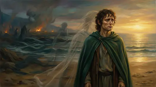 Frodo at the Grey Havens, years after the Quest -- his face aged beyond his years, his eyes carrying a pain that peaceful Hobbiton could not heal. He stands at the shore looking westward toward the…