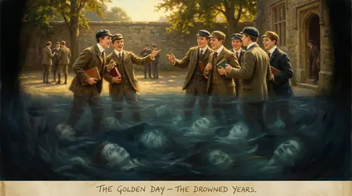 A group of young men in Edwardian school clothes -- the TCBS, the Tea Club and Barrovian Society -- laughing together in a sunny English school yard. Rob Gilson, Geoffrey Bache Smith, Christopher…