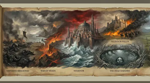 A montage of Middle-earth\'s greatest battles -- the Nirnaeth Arnoediad with its fields of the slain, the War of Wrath sinking Beleriand beneath the sea, Numenor crumbling into the ocean, the Pelennor…