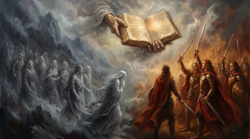 A contemplative composition pairing the two doomed oaths: on one side the grey ghostly host of the Oathbreakers drifting in mountain mist, on the other the fiery sons of Fëanor with raised swords —…