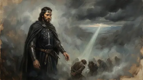 Isildur lowers his hand, the curse spoken, and a single thin shaft of pale light breaks through the gloom around the bound mountain folk — the one hidden mercy. His expression has softened from wrath…