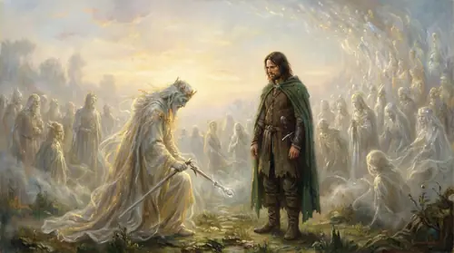 The spectral King of the Dead bows low before Aragorn and breaks his ghostly staff across his knee, and at the gesture the whole grey host begins to dissolve into the air — pale wisps streaming…