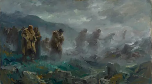 A composition of dwindling: the mountain folk fade in stages from left to right — first solid living people, then grey haunting shades, then finally only thin mist drifting across an empty hillside…