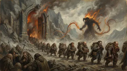 Scene showing Durin, the Dwarves. - in battle/combat; fleeing/in exile. Location: Khazad-dûm/Moria, Azanulbizar valley. This visual directly represents what the narration describes at this moment…