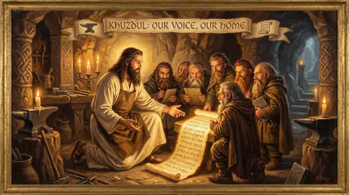 Scene showing Aulë the Smith, the Dwarves. - being created/forged. This visual directly represents what the narration describes at this moment: their daily commerce. And yet they never stopped being…