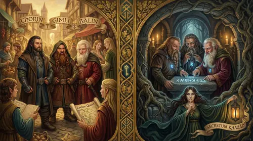 Scene showing the Dwarves, Gimli, Thorin. This visual directly represents what the narration describes at this moment: use their true Khuzdul names in public, instead adopting outer names in the…