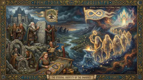 Scene showing the Dwarves. - fleeing/in exile. This visual directly represents what the narration describes at this moment: The dwarves understood themselves as eternal. Not in the sense that they…