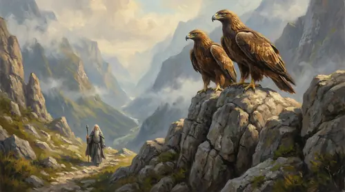 Gwaihir the Windlord perched on a rocky outcrop in the Misty Mountains, his brother Landroval beside him. They are majestic but noticeably smaller than depictions of Thorondor - great beings…