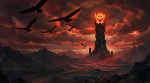 The Eye of Sauron blazing atop Barad-dur, its gaze sweeping across the darkened lands of Mordor. In the foreground, silhouettes of great eagles would be instantly visible against the red sky - there…