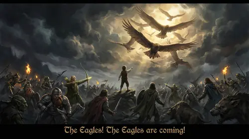 The Battle of Five Armies at its darkest moment - dwarves, elves, and men overwhelmed by goblins and wargs, defeat seeming certain. Then Bilbo looks up and points, his small figure silhouetted…
