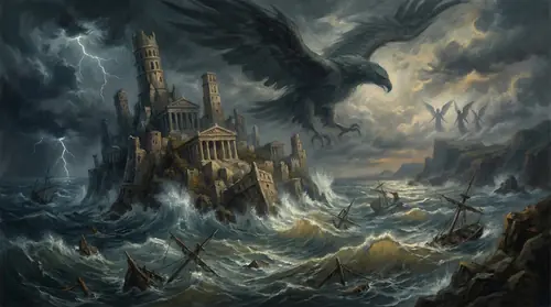 Numenor sinking beneath the waves, eagle-shaped storm clouds above but no rescue coming. The great armada destroyed, the island drowning, and the Witnesses of Manwe departed. Some follies cannot be…