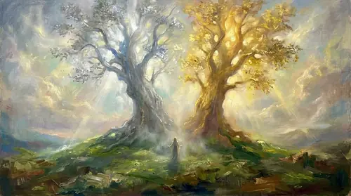 The Two Trees at the moment of their making, on a green mound in Valinor: one tree pouring silver light, one pouring gold, their glow mingling in the air between them, a robed Vala still lowering her…