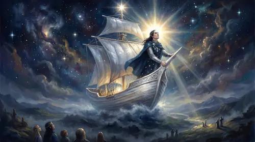 Eärendil\'s ship set among the stars: Vingilot climbing the night sky as a brilliant silver-gold star, the Silmaril at its heart outshining every other light, sailing high over the darkened middle…