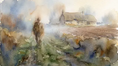 An ordinary mortal moment held with grace: a single small human figure walking an ordinary green path in plain morning light, a plowed field or a low cottage beyond — the age of gods handed over to…