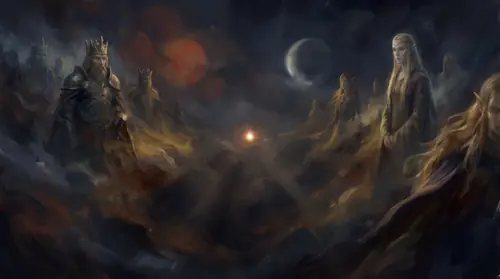 The signature pull-out into the title: the camera flies backward through everything at once — crowned kings, tall Elven figures, a rising sun and moon — all streaming past and shrinking until they…