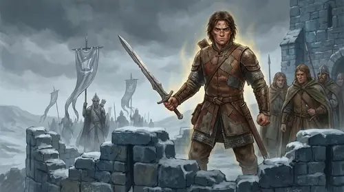 Young Araphor, barely eighteen, standing on Fornost\'s walls with a drawn sword, rallying his remaining soldiers. His face shows terror mastered by will -- a boy becoming a king in the worst possible…