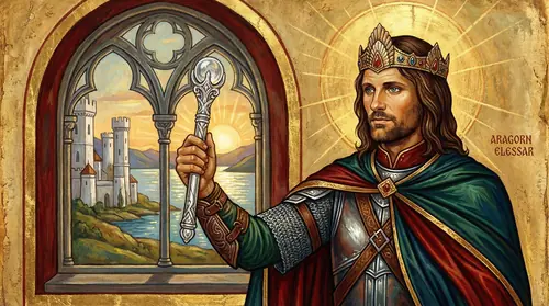 Aragorn Elessar holding the Sceptre of Annuminas -- the silver rod that has passed through every king of Arnor, waited in Rivendell through centuries of exile, and now returns to a king\'s hand…