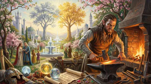Valinor in its glory - the Two Trees Telperion and Laurelin shining in silver and gold radiance over white towers and crystal fountains. In the foreground, Feanor works at a great forge, his face lit…