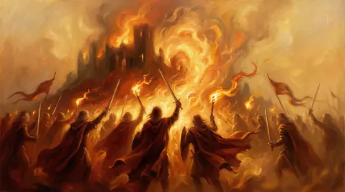 The crowd of Noldor swept up in the moment, many raising their own swords, their mouths open in oaths and war cries. The torchlight has become a conflagration, the fire imagery explicit - flames…