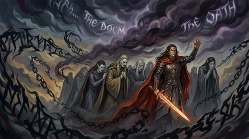 The Doom visualized - dark words seeming to take physical form, wrapping around the Noldor host like chains of shadow. Feanor stands defiant at the front, but behind him elves cower or weep. The sky…
