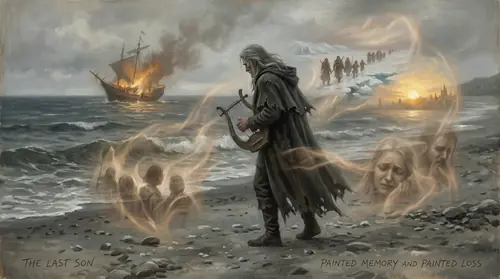 Maglor alone on a grey shore in the modern age, a solitary figure singing to the waves. His form is worn by ages of grief, his voice carrying across the water. Ghostly images flicker around him…