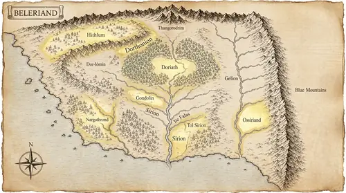 Map of Beleriand in the First Age, rendered from the locked atlas reference, restyled as parchment pen-and-ink with the major realms illuminated one by one in soft gold: Hithlum, Dorthonion, Doriath…