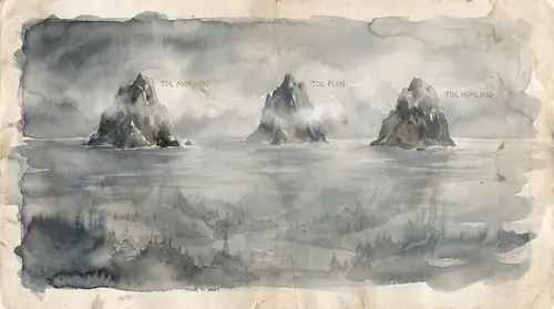 Three small bare island peaks rising from a grey, calm post-cataclysm sea — Tol Morwen, Tol Fuin, and Tol Himling — labeled in faint hand-lettering. Each is shown as a lonely fragment of stone above…