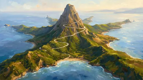 Three-quarter aerial view of Meneltarma rising alone from the green heart of Númenor, a tall conical mountain at the precise center of the island. Five long grass-covered ridges — the Tarmasundar —…