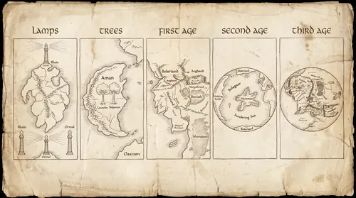 Five map plates of Arda arranged in sequence across the frame, left to right: Years of the Lamps (symmetric balanced continent), Years of the Trees (Aman raised in the west), First Age (Beleriand…