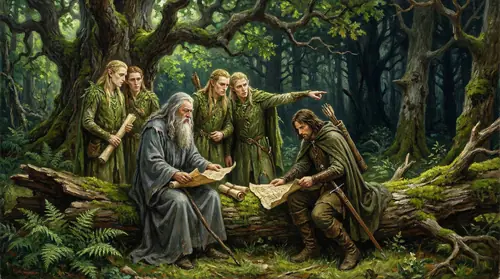 A woodland clearing in Mirkwood where Gandalf and Aragorn confer with slender Wood-elves in forest green. Maps and reports are spread on a fallen log between them. The elves gesture toward the…